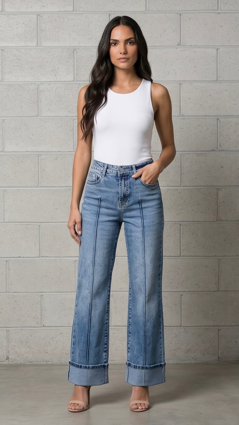 Solid Center-Seam High Waist Straight Jeans