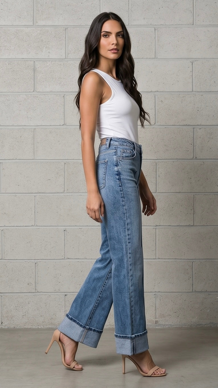 Solid Center-Seam High Waist Straight Jeans