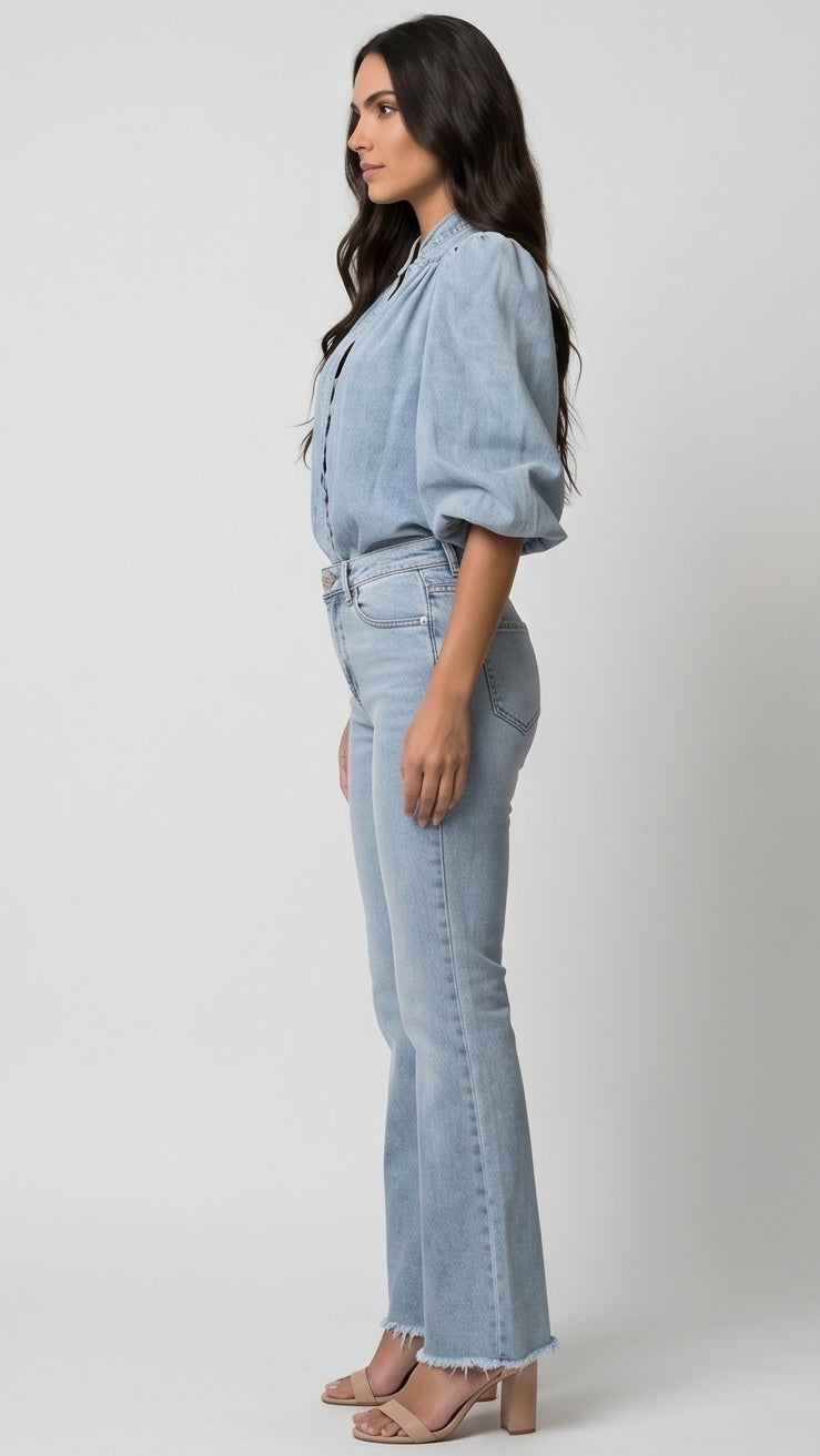 Retro Lantern Sleeve Denim Blouses