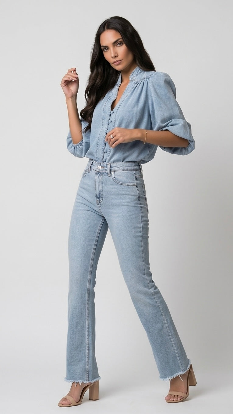 Retro Lantern Sleeve Denim Blouses