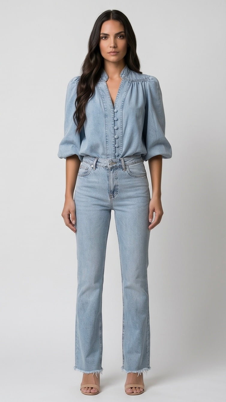 Retro Lantern Sleeve Denim Blouses