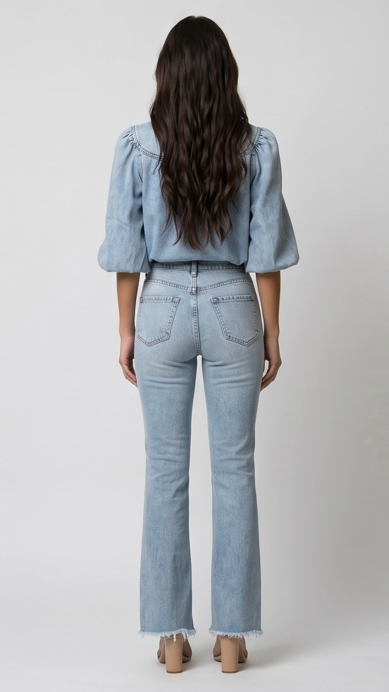 Retro Lantern Sleeve Denim Blouses
