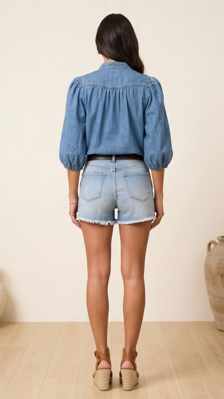 Retro Lantern Sleeve Denim Blouses