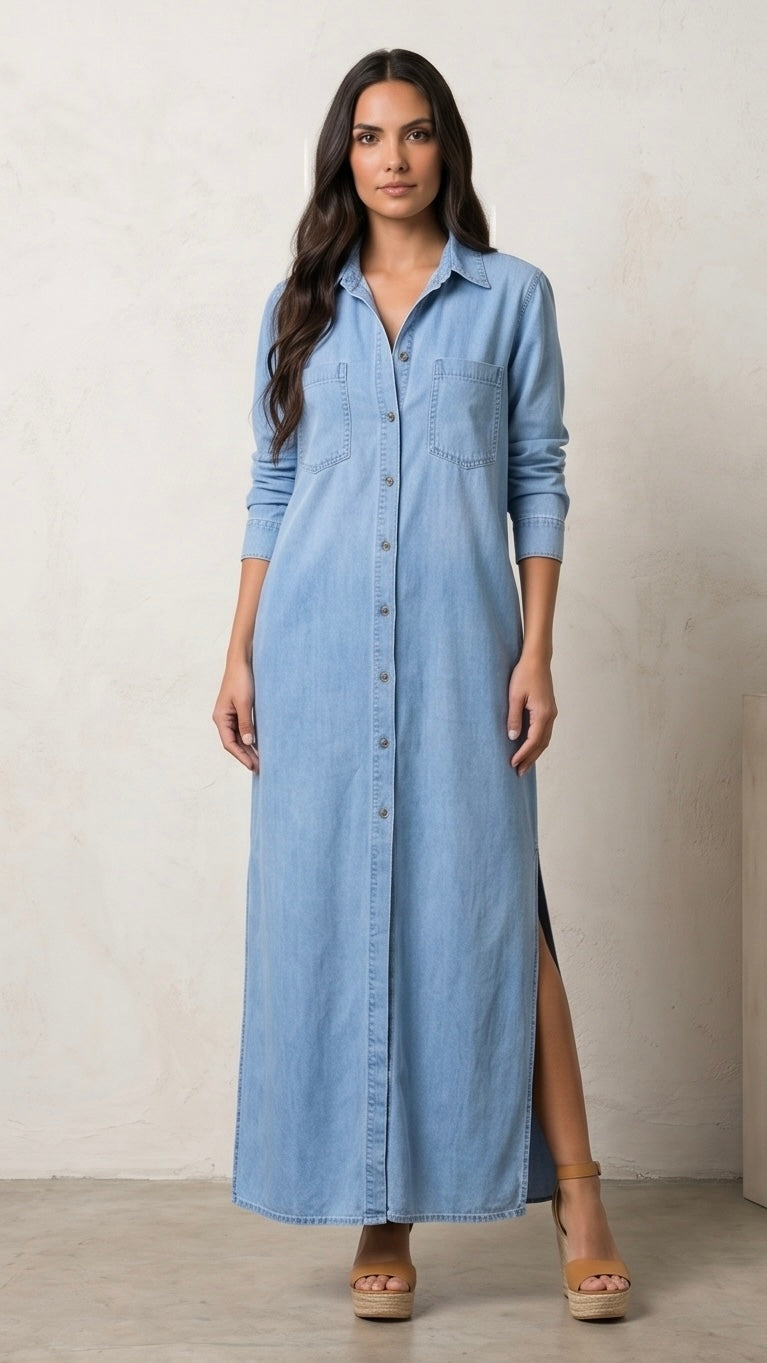 Denim Button Maxi Dress