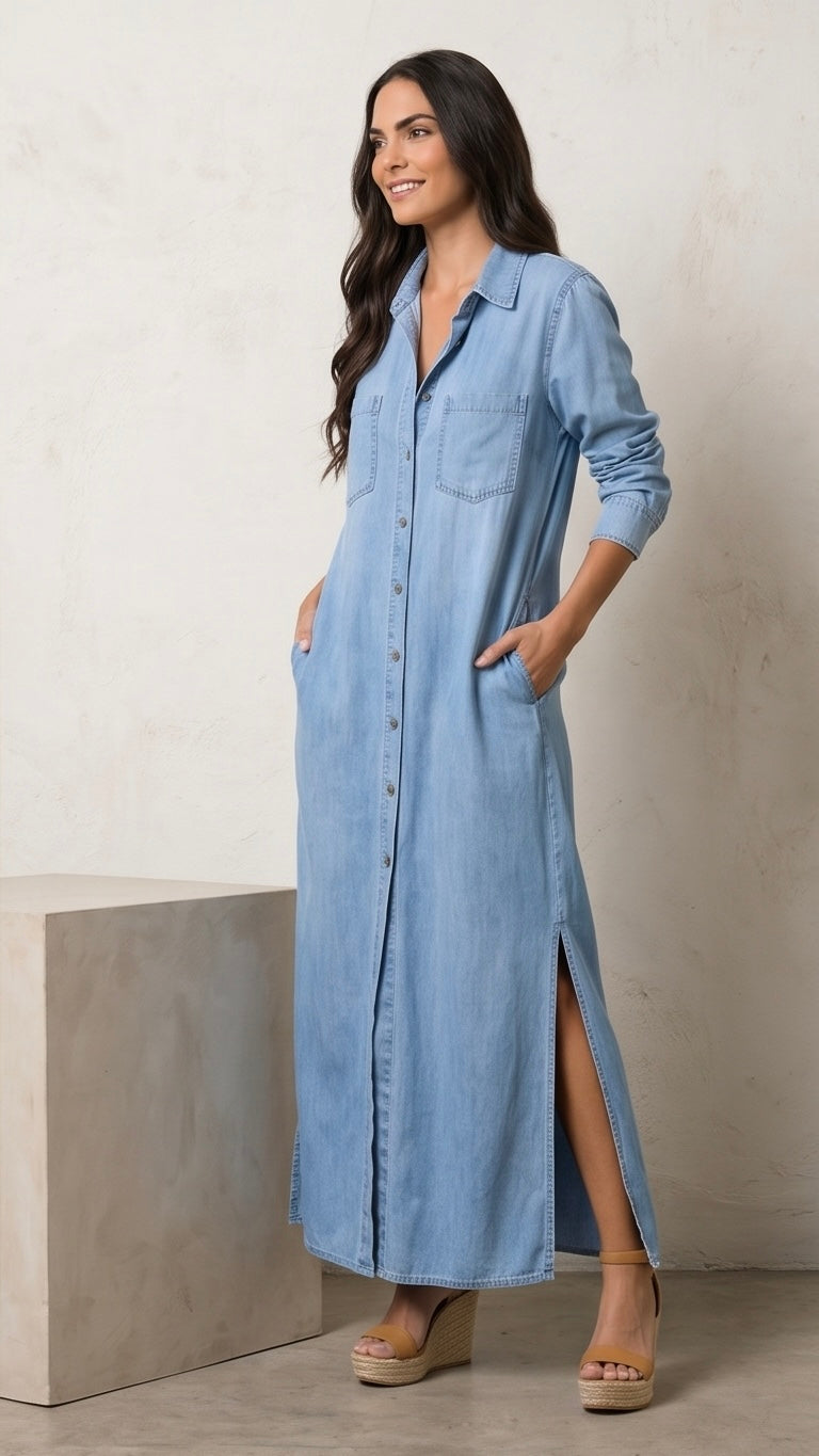 Denim Button Maxi Dress