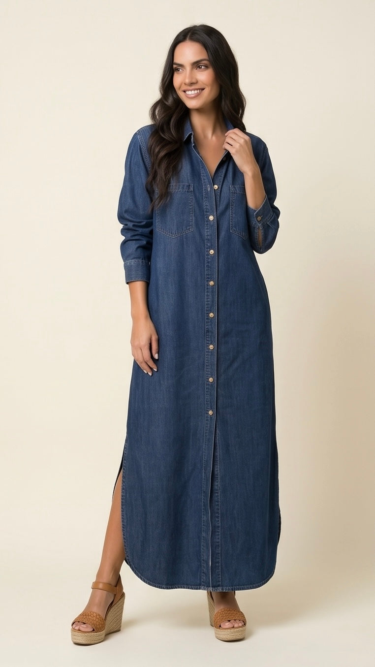 Denim Button Maxi Dress