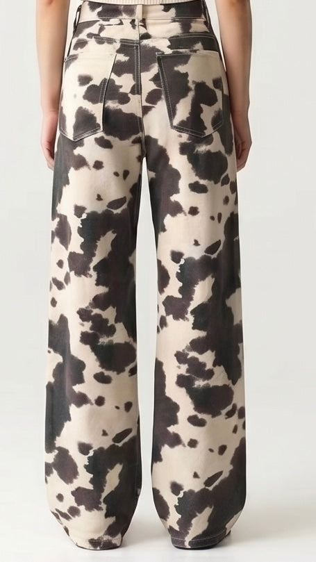 Cow Print Retro Washed Denim Jeans