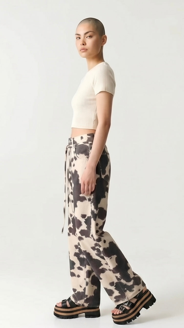 Cow Print Retro Washed Denim Jeans
