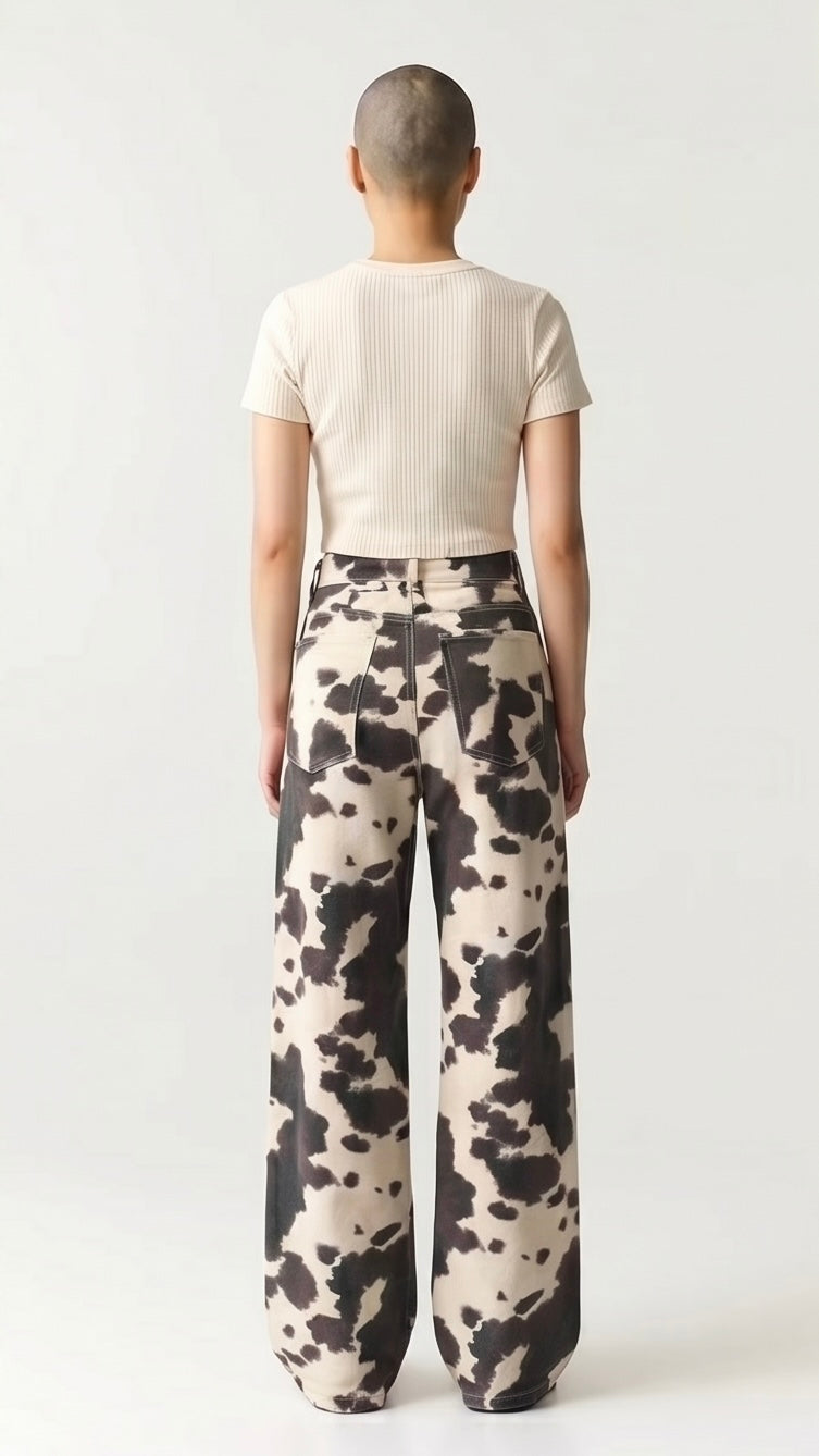 Cow Print Retro Washed Denim Jeans