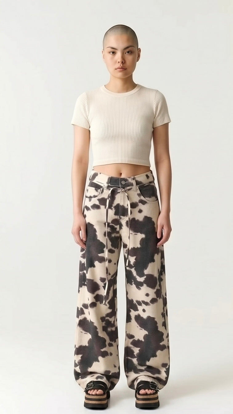 Cow Print Retro Washed Denim Jeans