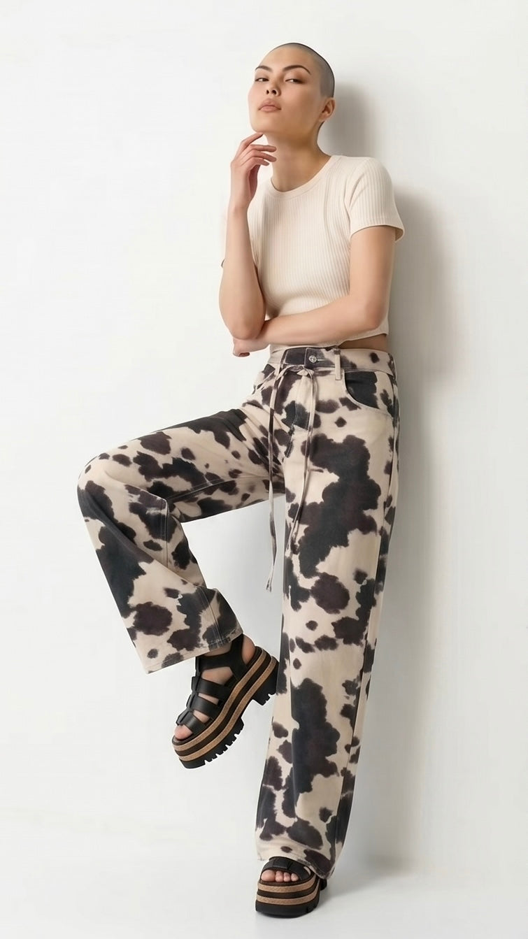 Cow Print Retro Washed Denim Jeans