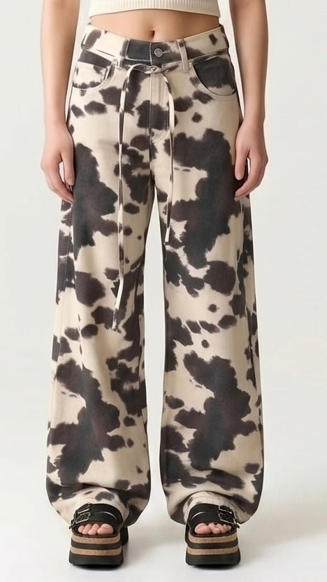 Cow Print Retro Washed Denim Jeans
