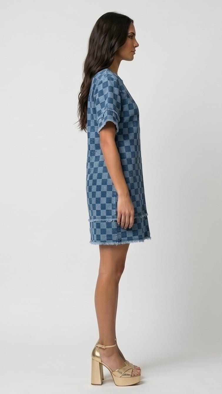 Checkered Frayed Hem Denim Mini Dress