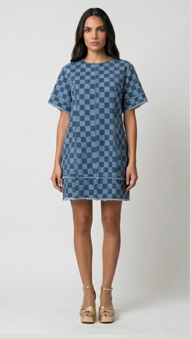 Checkered Frayed Hem Denim Mini Dress