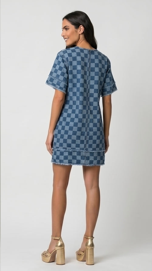 Checkered Frayed Hem Denim Mini Dress