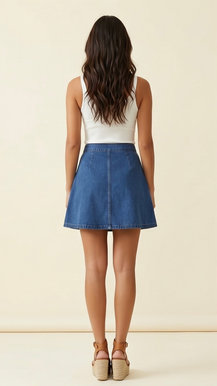 Denim Button Front A-Line Skirt