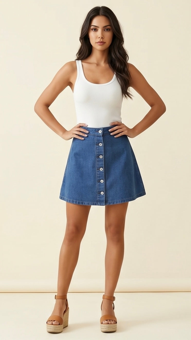 Denim Button Front A-Line Skirt