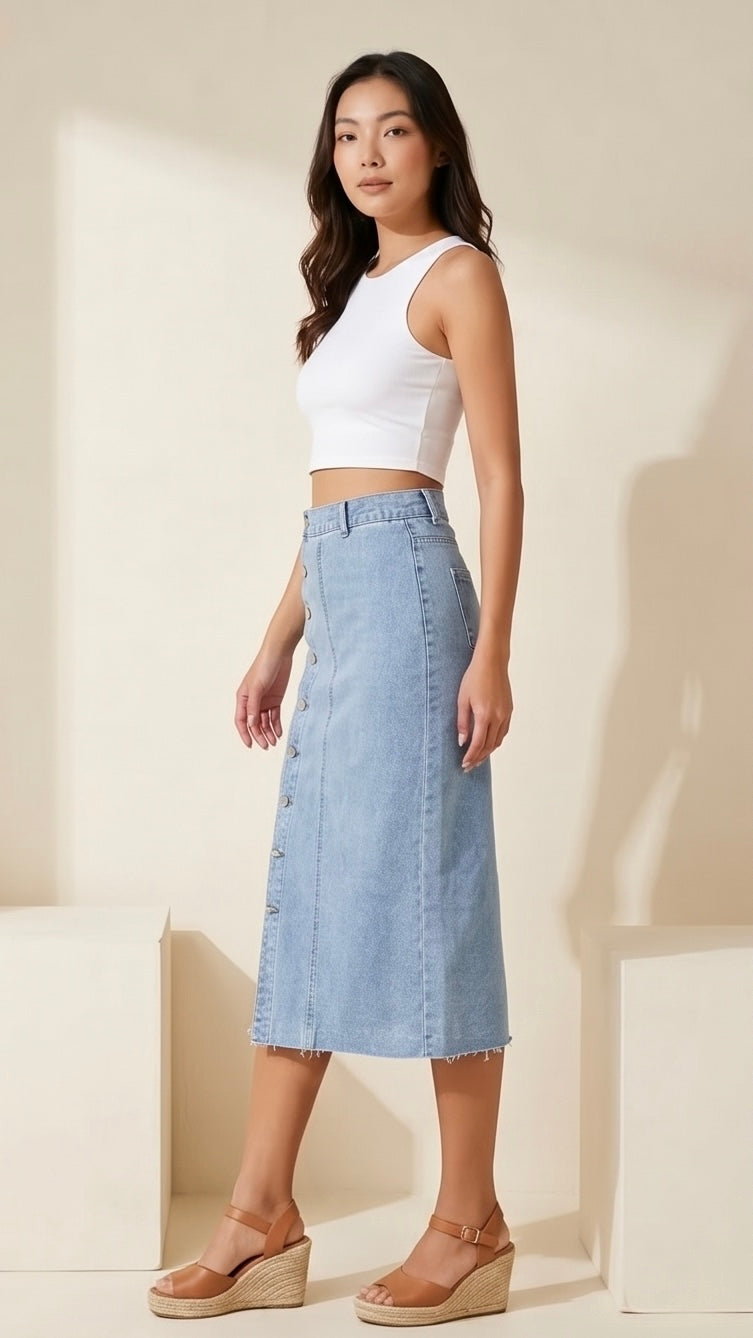 Denim Button Front Long Slit Skirt