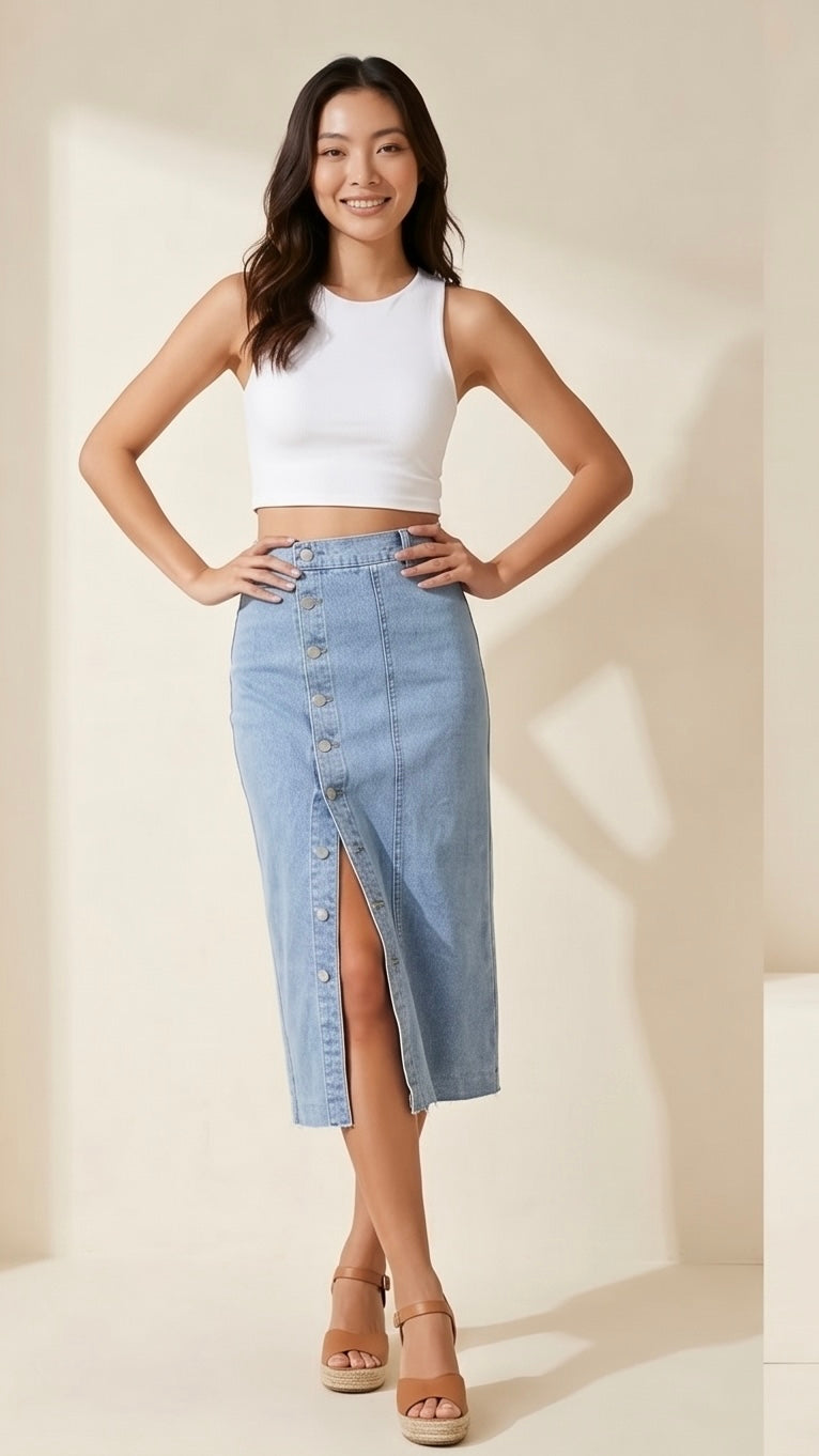 Denim Button Front Long Slit Skirt