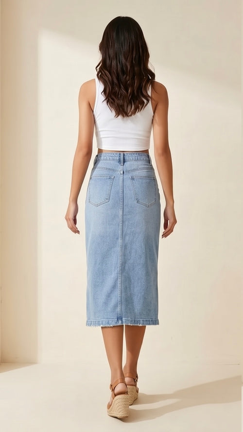 Denim Button Front Long Slit Skirt