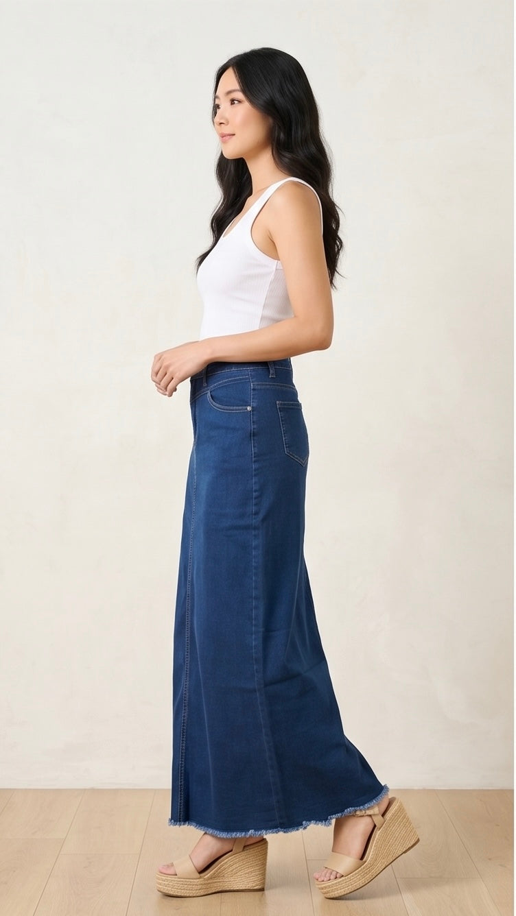 ISSUE/Denim Raw Hem Maxi Skirt
