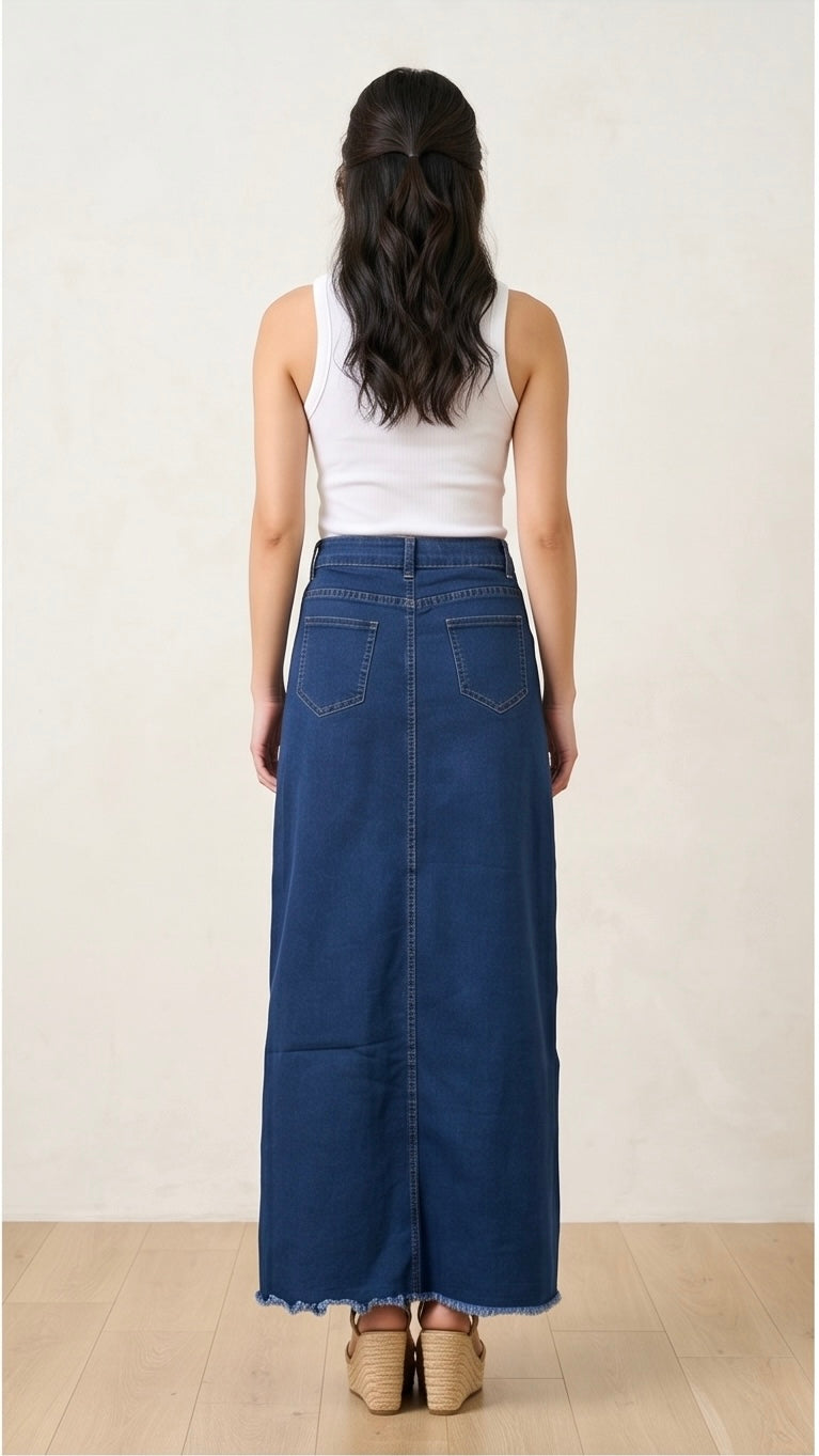 ISSUE/Denim Raw Hem Maxi Skirt
