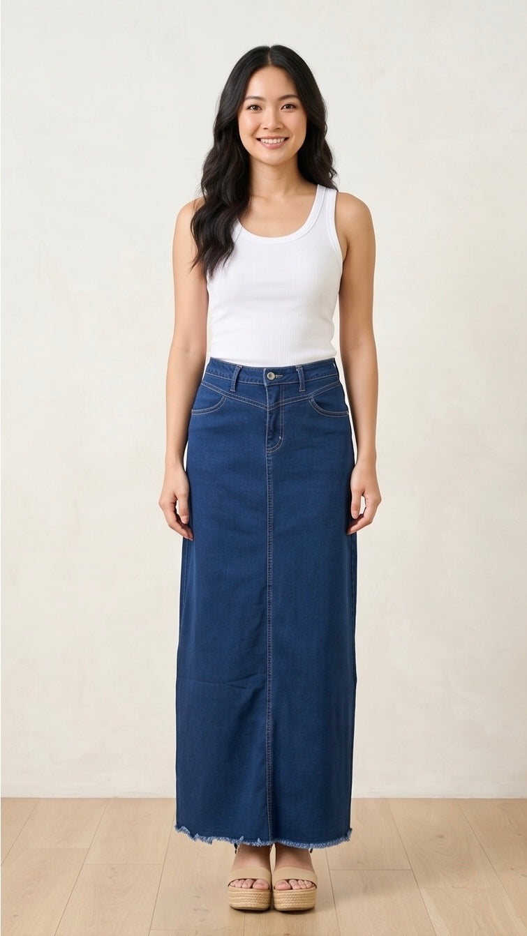 ISSUE/Denim Raw Hem Maxi Skirt