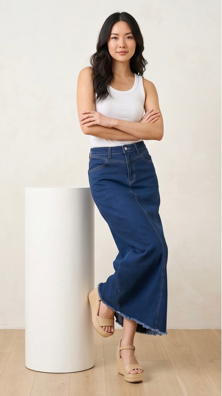 ISSUE/Denim Raw Hem Maxi Skirt