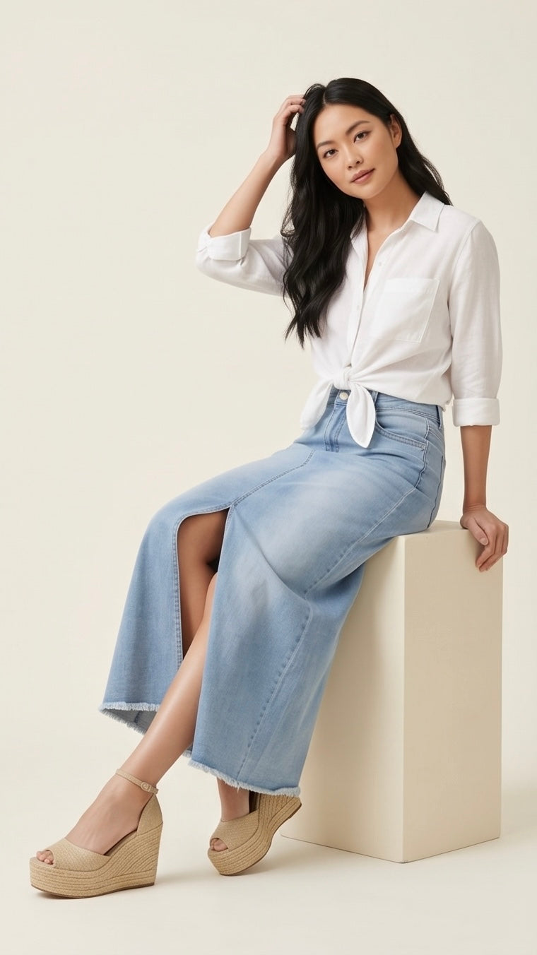 ISSUE/Denim Raw Hem Maxi Skirt