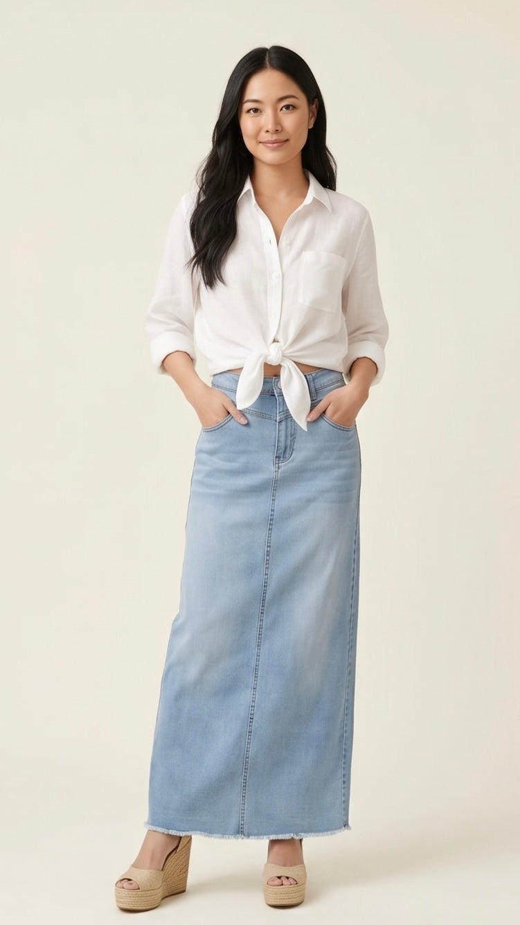 ISSUE/Denim Raw Hem Maxi Skirt