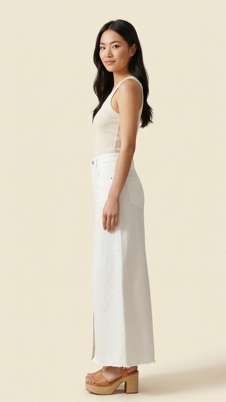 ISSUE/Denim Raw Hem Maxi Skirt