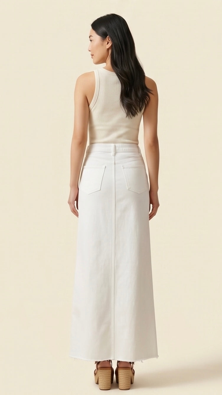 ISSUE/Denim Raw Hem Maxi Skirt