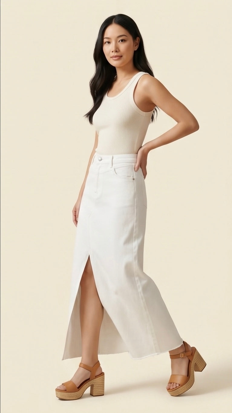 ISSUE/Denim Raw Hem Maxi Skirt