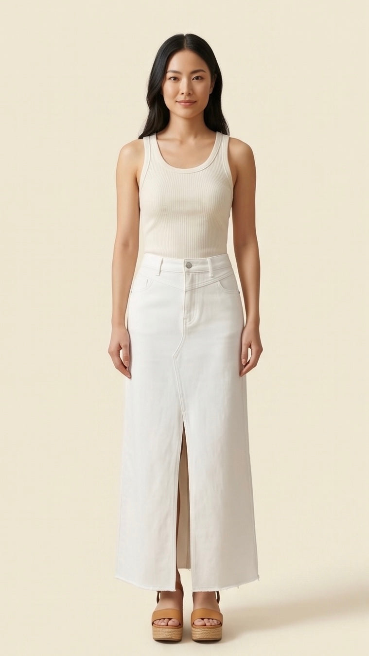 ISSUE/Denim Raw Hem Maxi Skirt