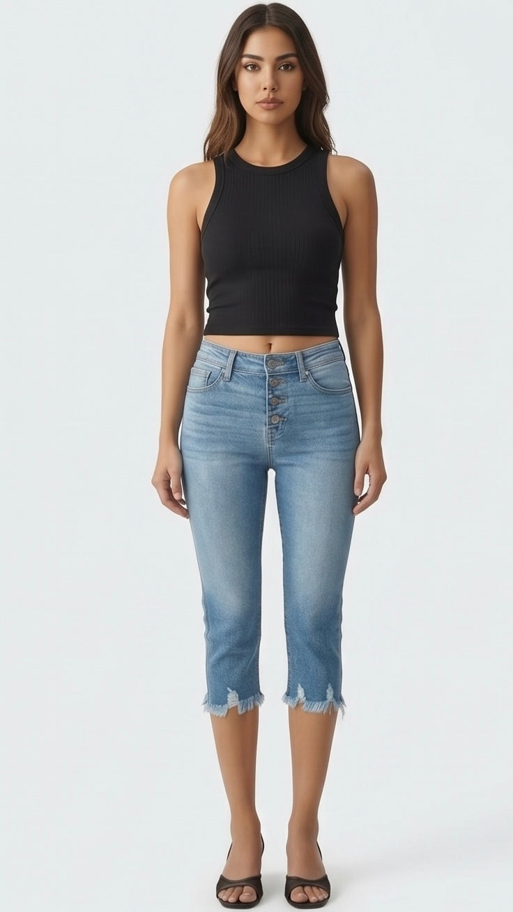 Lauren Mid Rise Capri with Frayed Hem Jeans