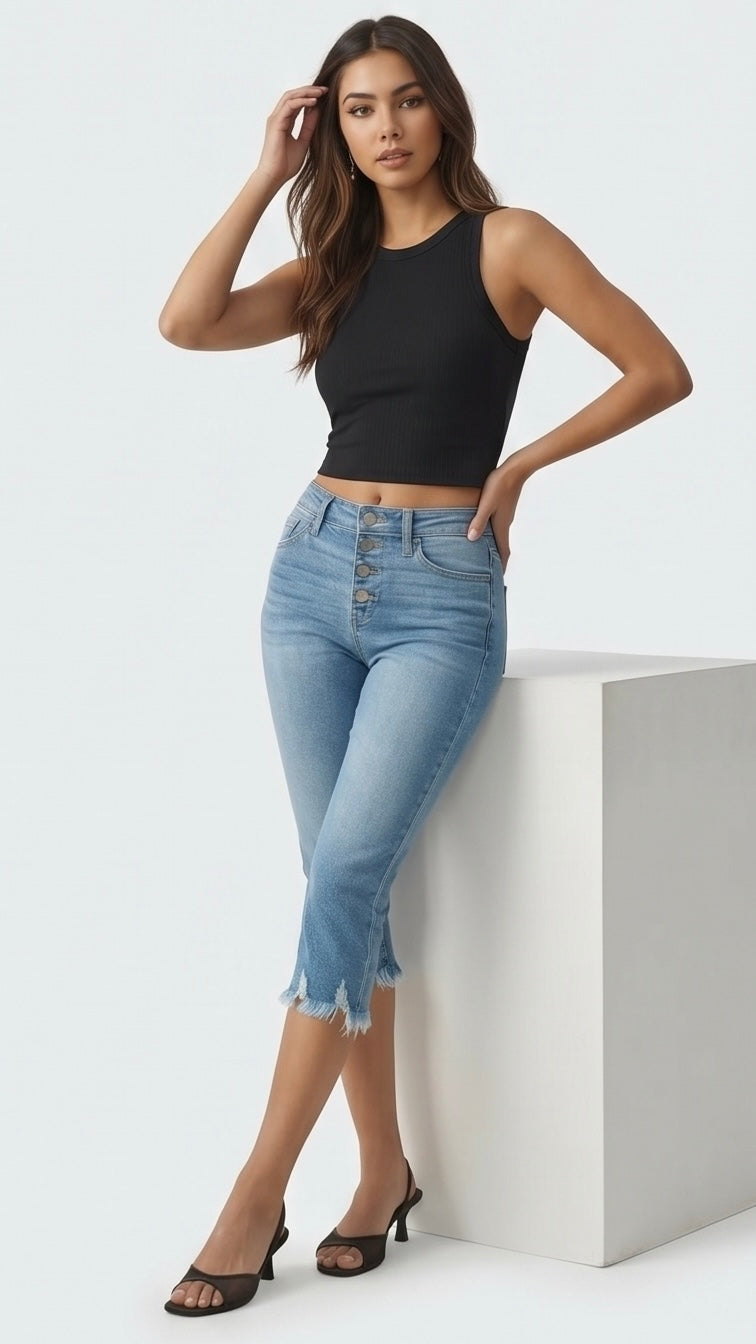 Lauren Mid Rise Capri with Frayed Hem Jeans
