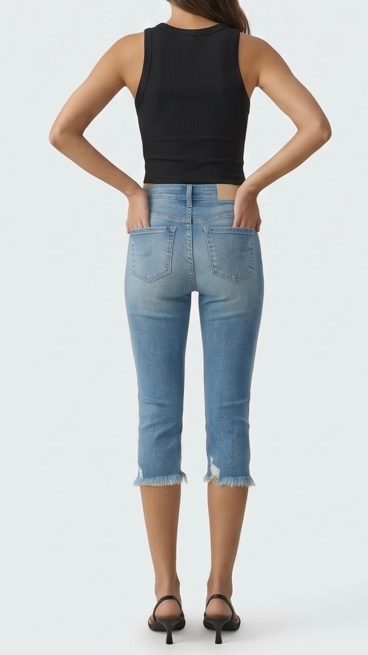 Lauren Mid Rise Capri with Frayed Hem Jeans