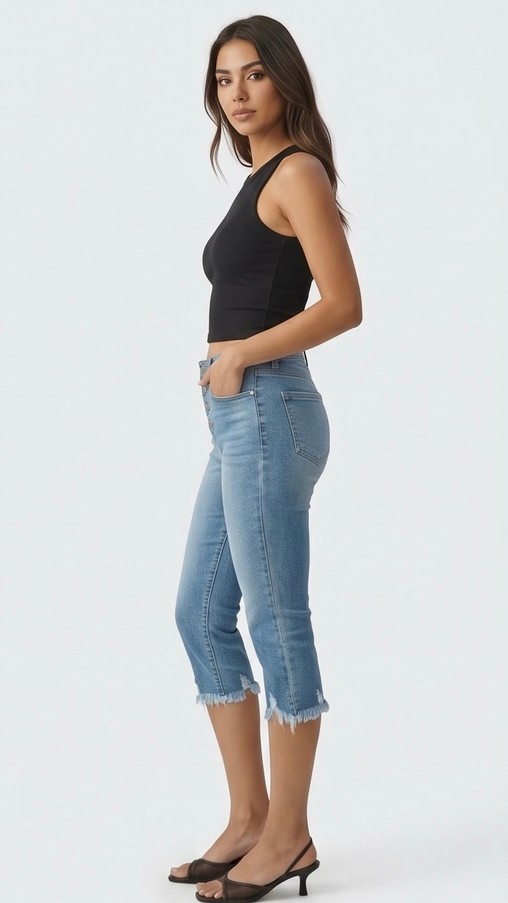 Lauren Mid Rise Capri with Frayed Hem Jeans