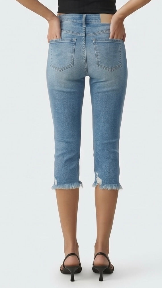 Lauren Mid Rise Capri with Frayed Hem Jeans