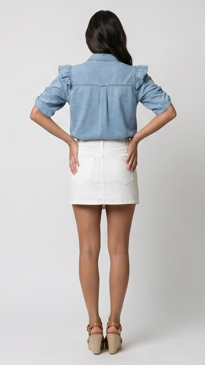 Denim Ruffled Button-Down Shirt
