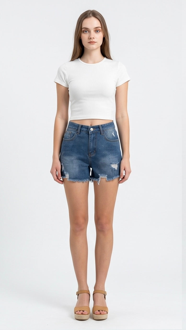 Distressed Frayed Hem Denim Shorts