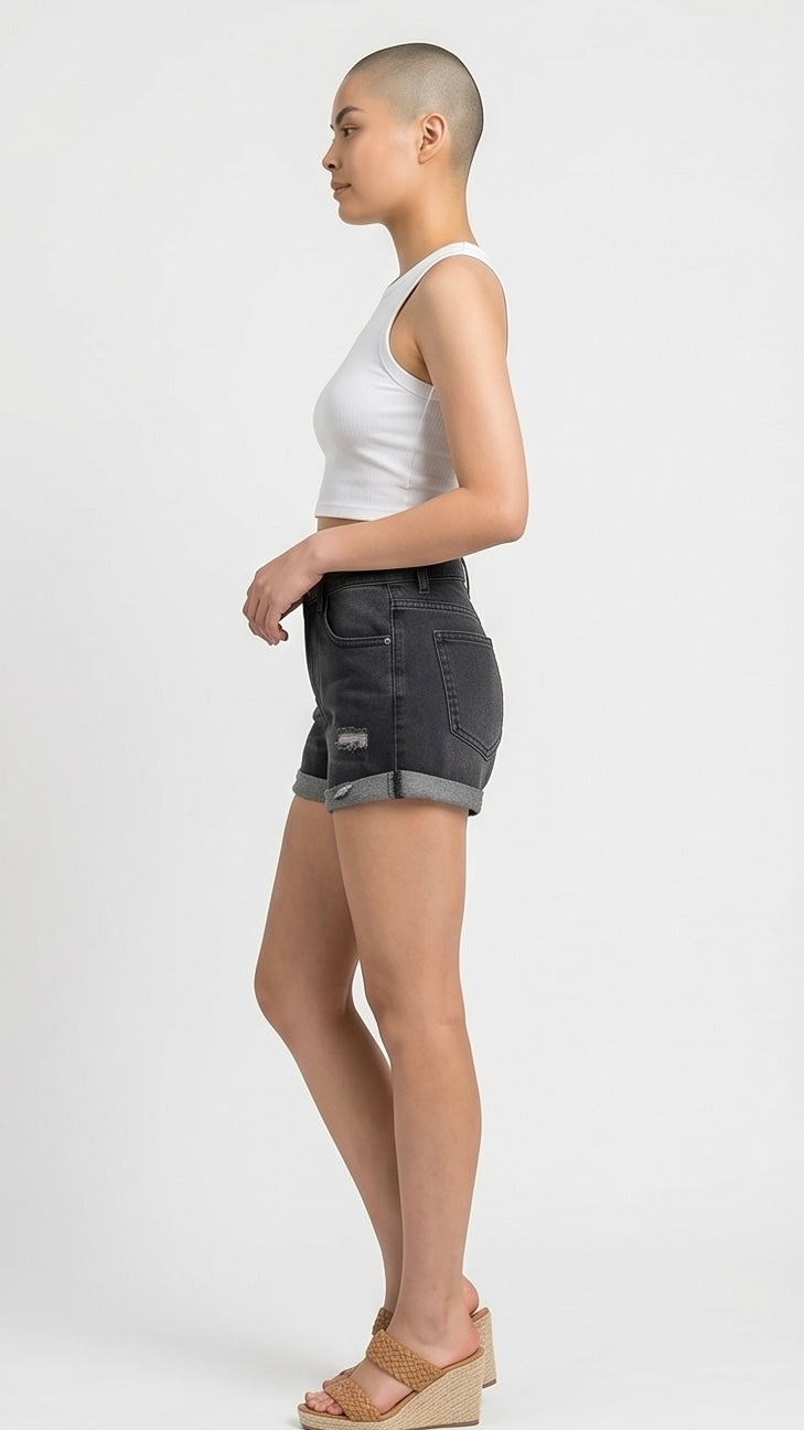 Distressed Denim Roll-Up Shorts