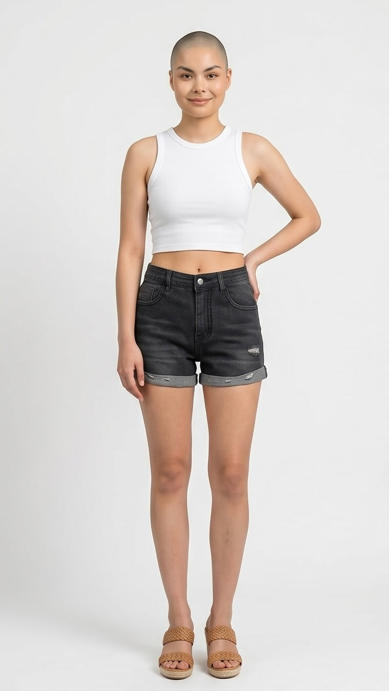 Distressed Denim Roll-Up Shorts