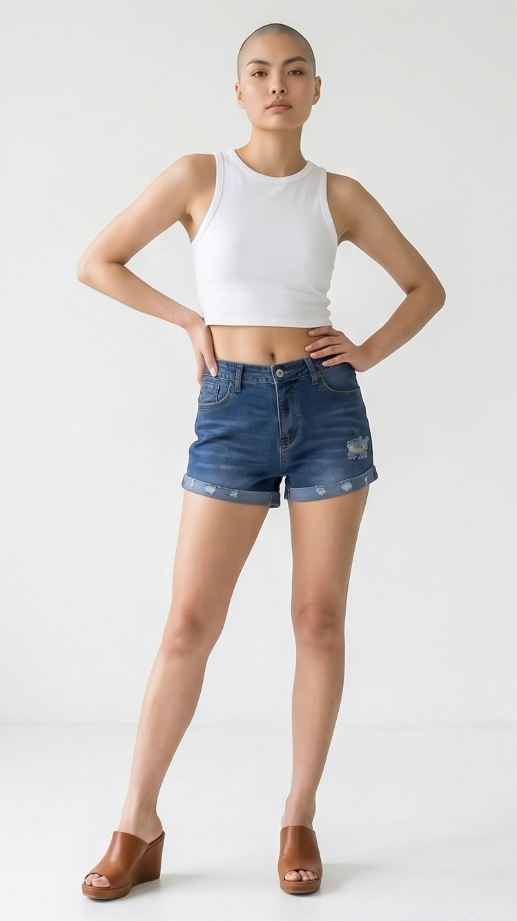 Distressed Denim Roll-Up Shorts