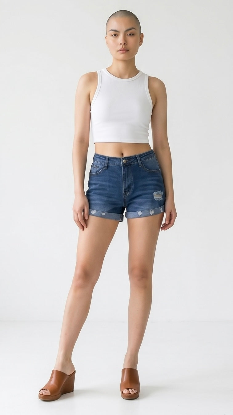 Distressed Denim Roll-Up Shorts