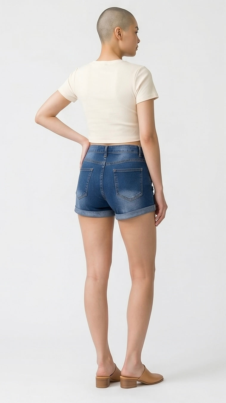 Distressed Denim Roll-Up Shorts