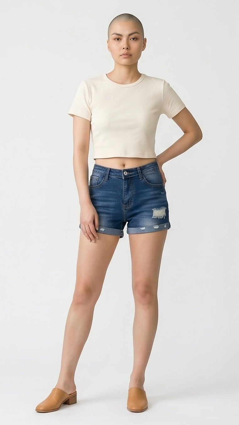 Distressed Denim Roll-Up Shorts