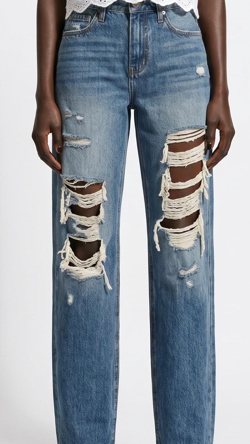 Hybrid Stretch Ripped Relaced Flare Jeans
